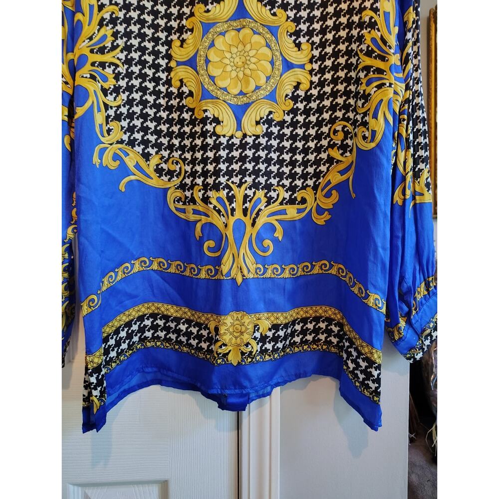 VTG 80s 90s Aris A 100% Silk Baroque Houndstooth Blouse L Royal Blue Gold... - Picture 5 of 11